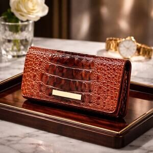 Women's Wallet, Crocodile Pattern Reddish Brown 7.5 In X 3.50 Inch Faux Leather